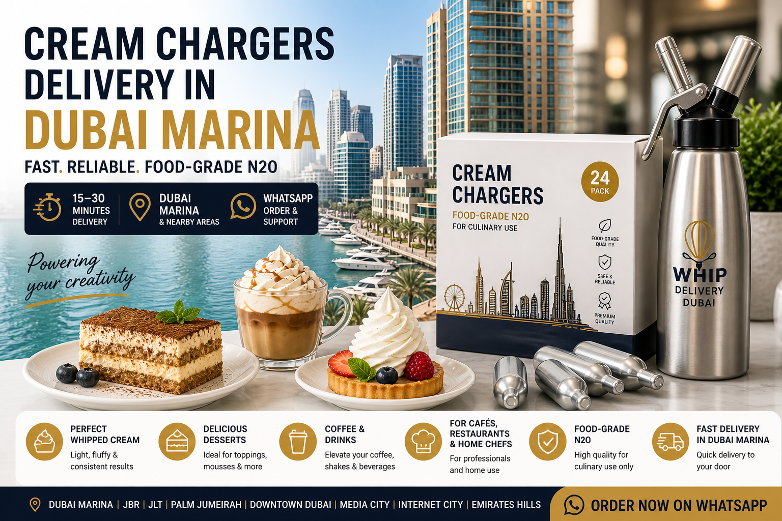 Cream Chargers Delivery in Dubai Marina: Fast Food-Grade N2O for Cafés, Desserts and Events | Whip Delivery Dubai Blog
